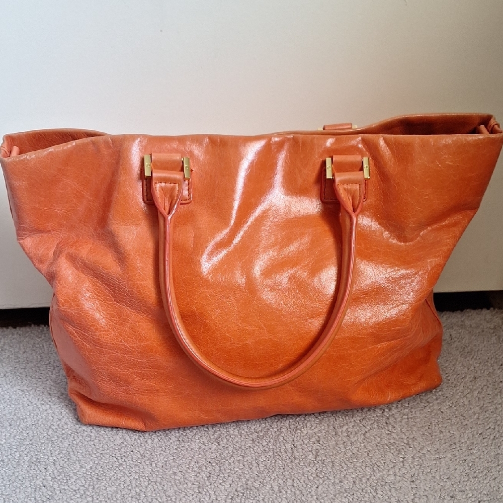 Tory Burch Orange Structured Leather Tote - Picture 2 of 12